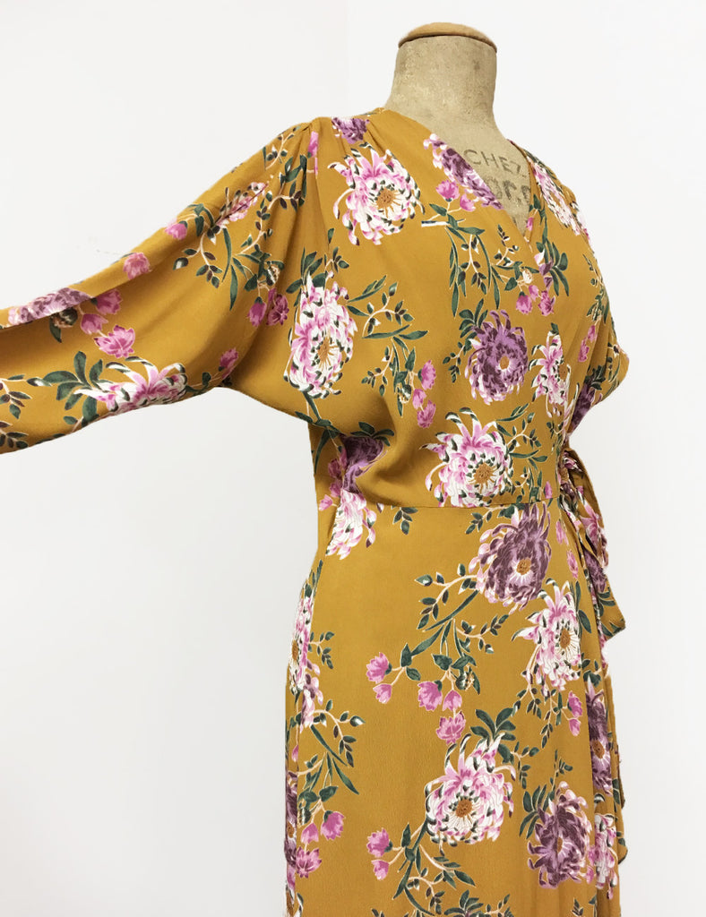 Long Sleeve Mustard Yellow Spring Floral Cascade Wrap Dress - FINAL SA –  Loco Lindo